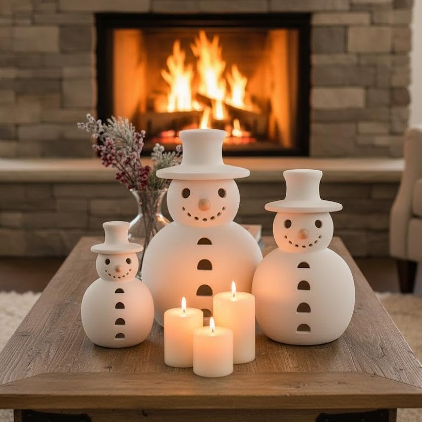 Terracotta Snowman Decor, Handmade Terracotta Snowman Figurines, White Clay Winter Decor for Indoor Home, Rustic Unique Style, Holiday Table Ornaments Unique Xmas Gift (S+M)