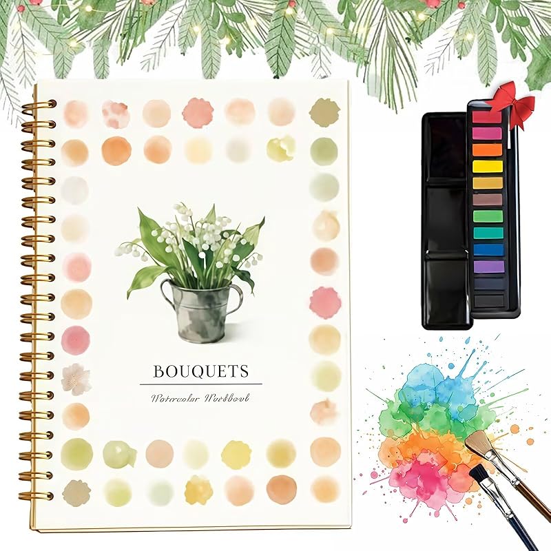 Hugs Garden Watercolor Workbook Flowers, Watercolor Paint Set with 12 Paints, Paint Brush & Multiple Same Styles, Water Coloring Book Art Crafts Painting Kit, Gifts for Women