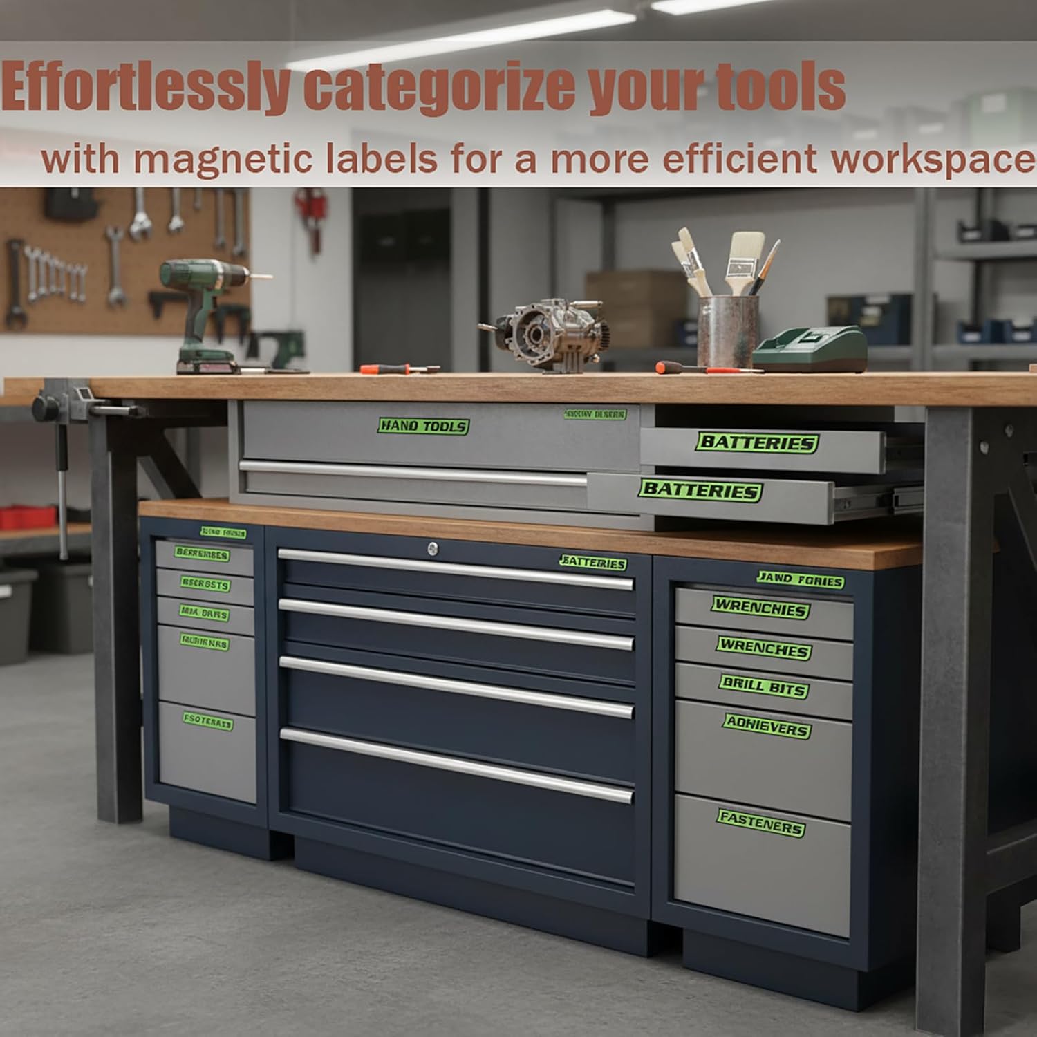 12 Pack of Magnetic Toolbox Labels, Durable 3D-Printed Tool Box Drawer Tags, Reusable Strong Magnet Labels for Quick Identifying Tool Chest, Garage Storage, Carts, and Cabinets Organization (Black)