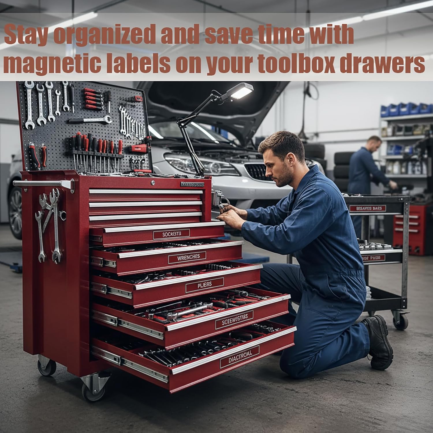 12 Pack of Magnetic Toolbox Labels, Durable 3D-Printed Tool Box Drawer Tags, Reusable Strong Magnet Labels for Quick Identifying Tool Chest, Garage Storage, Carts, and Cabinets Organization (Black)