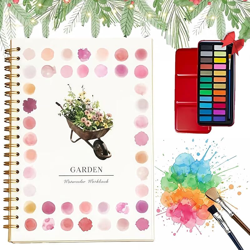 Hugs Garden Watercolor Workbook Flowers, Watercolor Paint Set with 12 Paints, Paint Brush & Multiple Same Styles, Water Coloring Book Art Crafts Painting Kit, Gifts for Women