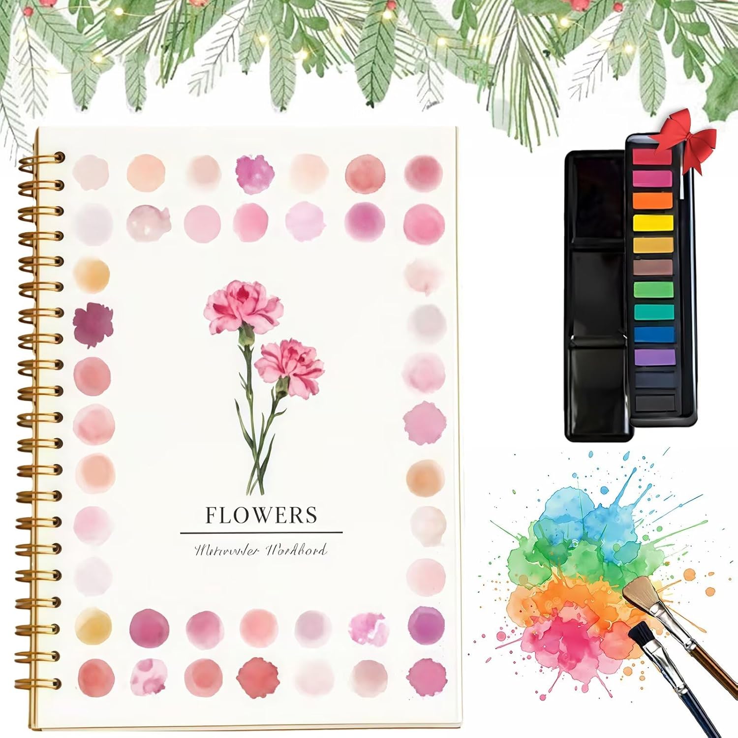 Hugs Garden Watercolor Workbook Flowers, Watercolor Paint Set with 12 Paints, Paint Brush & Multiple Same Styles, Water Coloring Book Art Crafts Painting Kit, Gifts for Women